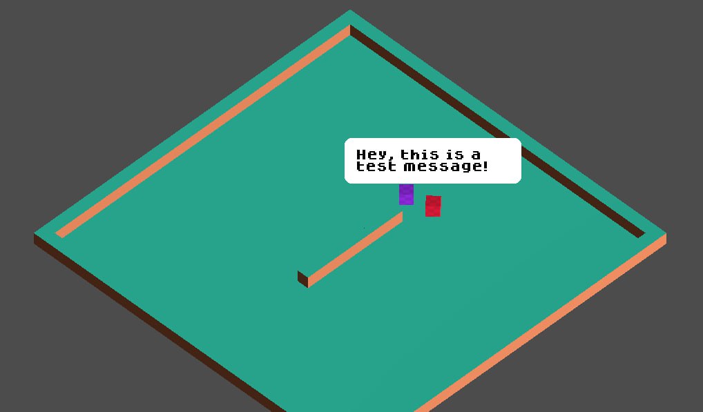 A small pixelated 3D world with a speech bubble saying "Hey, this is a test message!"