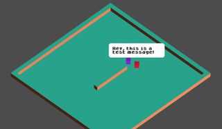 A small pixelated 3D world with a speech bubble saying "Hey, this is a test message!
