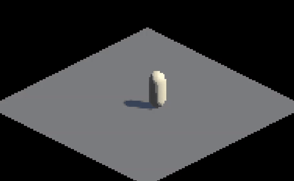 An animated gif of a 3D capsule wandering around in a pixelated world