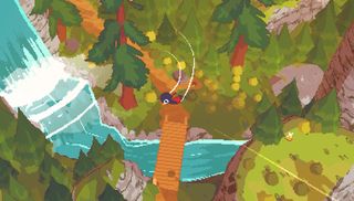 Claire, the protagonist of A Short Hike, flying around a low-res 3D world